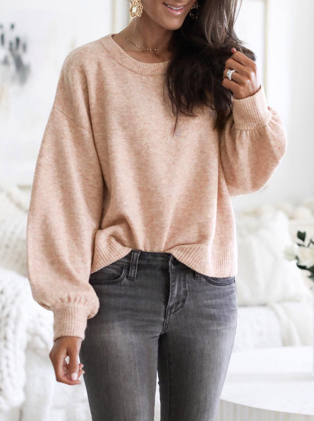 Ribbed Trim Balloon Sleeve Sweater