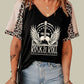 Music Festival Leopard Patchwork V Neck Graphic T Shirt