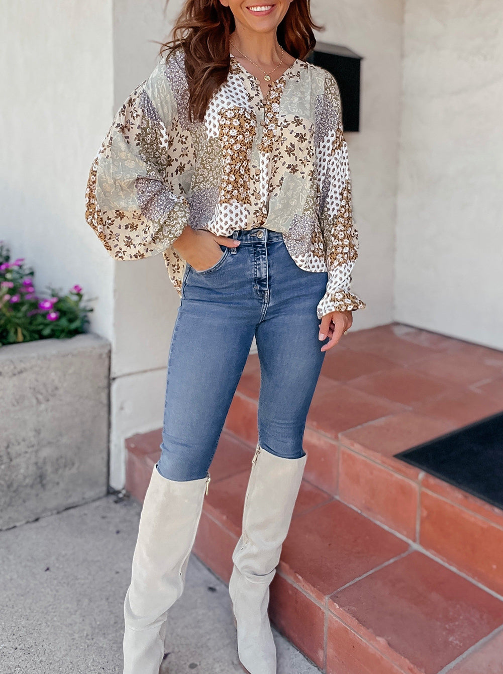 Floral Patchwork Print Long Puff Sleeve Shirt