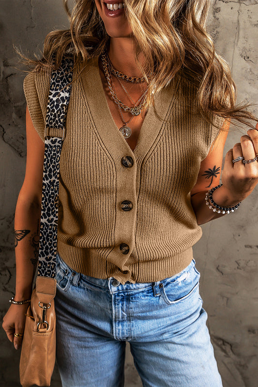 V Neck Buttoned Front Sweater Vest