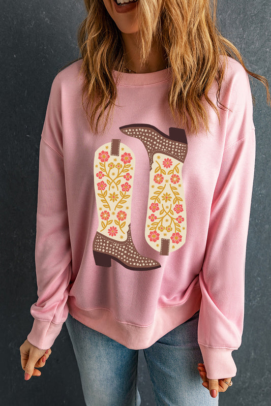 Floral Cowgirl Boots Graphic Drop Shoulder Sweatshirt