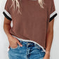 Coffee Textured Contrast Trim Round Neck T Shirt