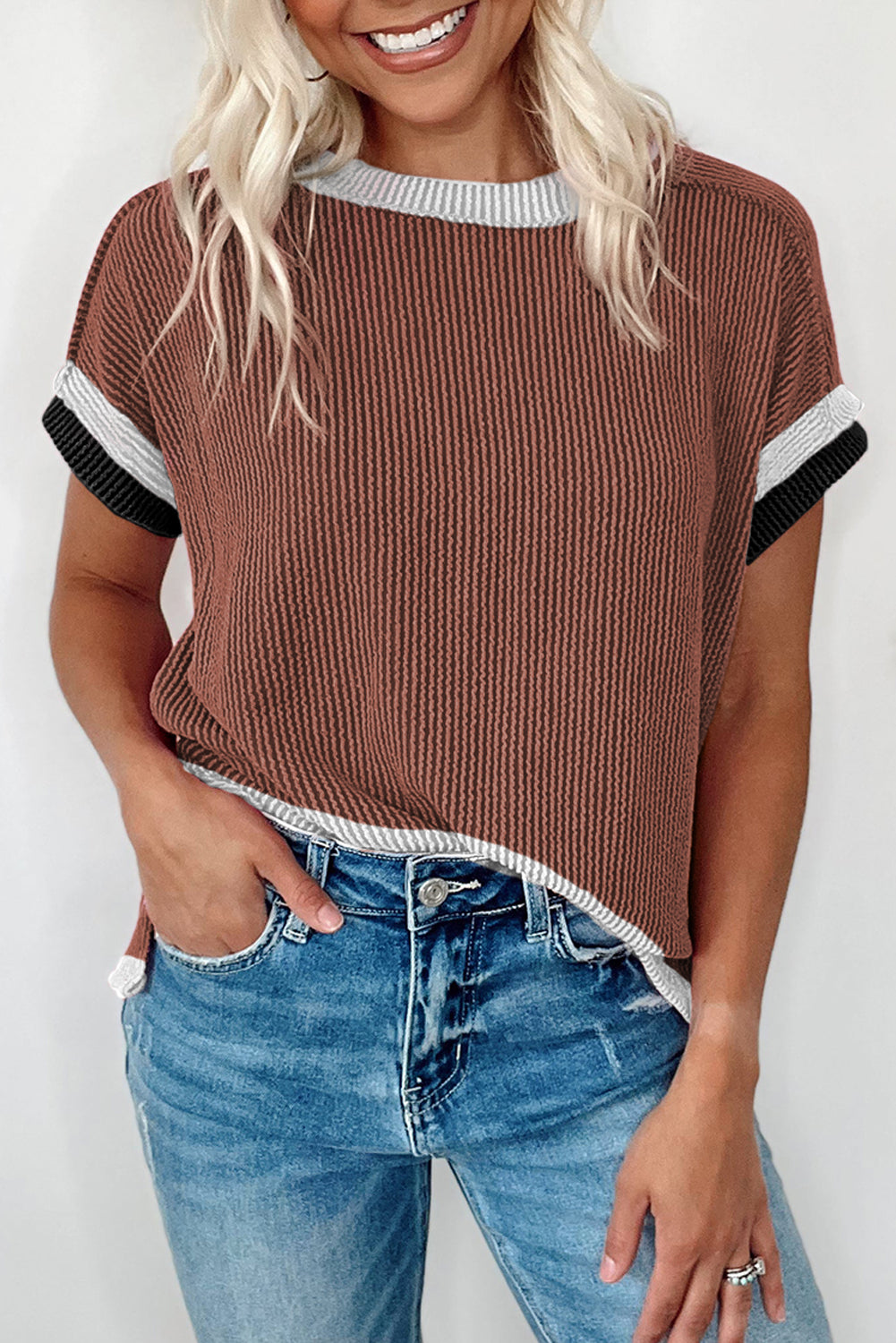 Coffee Textured Contrast Trim Round Neck T Shirt
