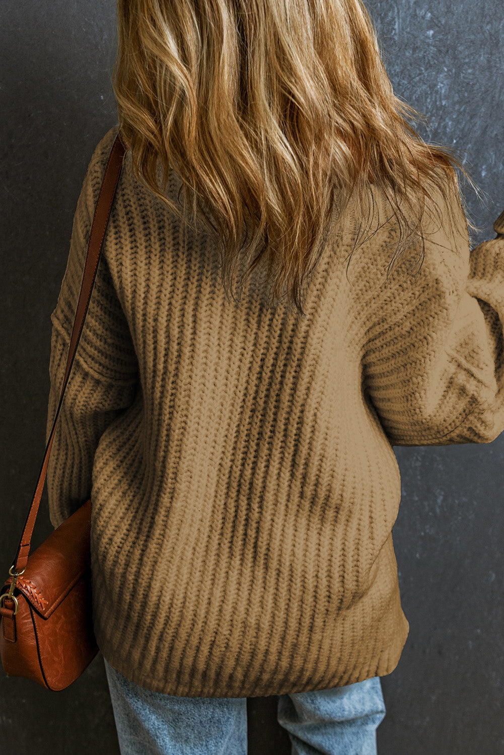 Ribbed Knit Round Neck Slouchy Chunky Sweater