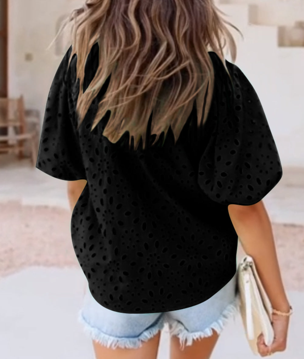 Flower Embroidered Hollow-out Puff Sleeve Blouse