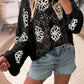Flower Print Eyelet Drop Shoulder Sweater