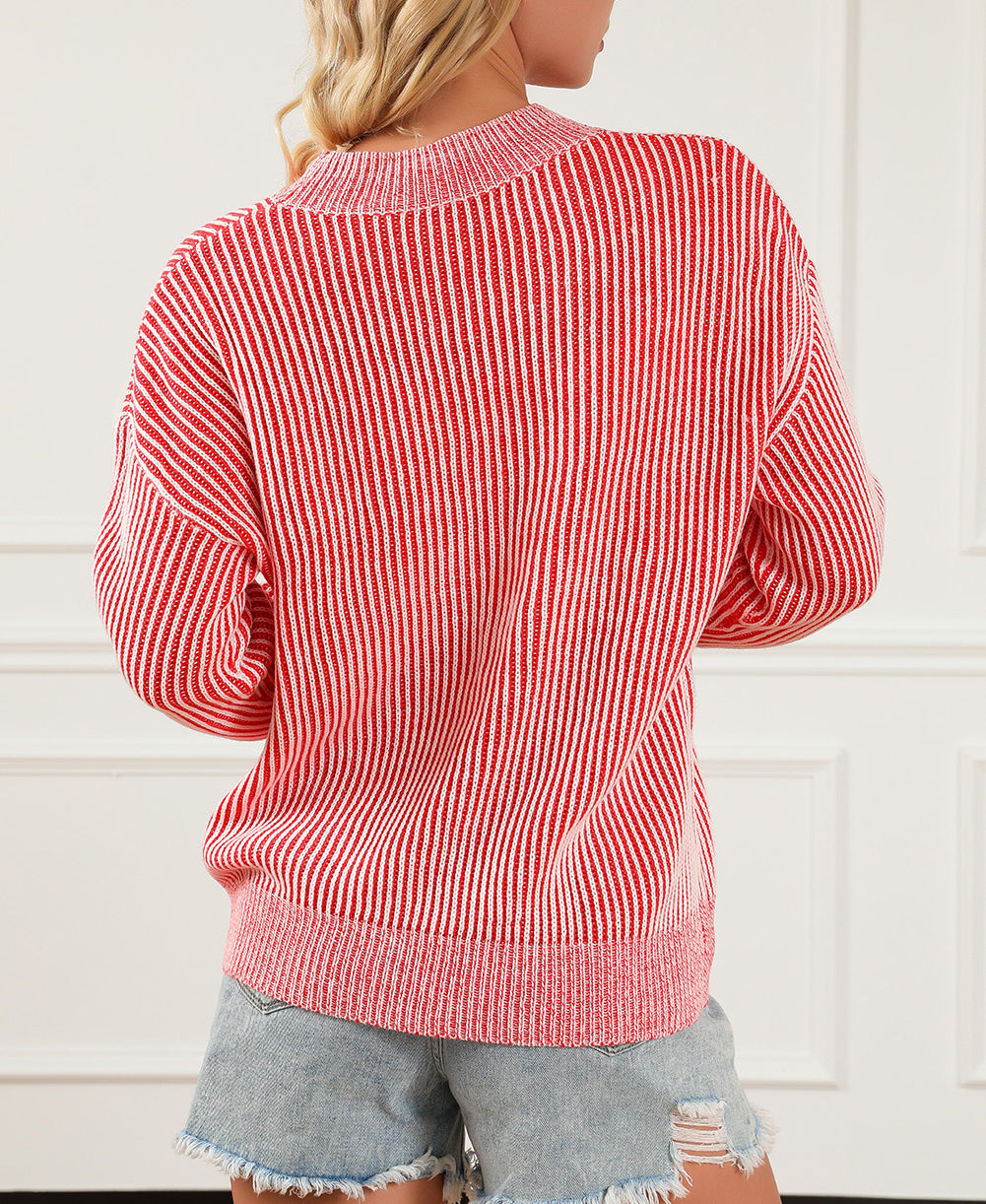 Striped Print Ribbed Trim Round Neck Sweater