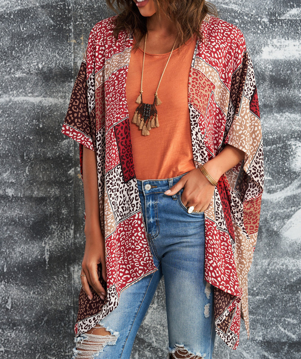 Leopard Color Block Open Front Kimono