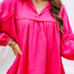 Crinkle Collared V-Neck Bubble Sleeve Flowy Blouse