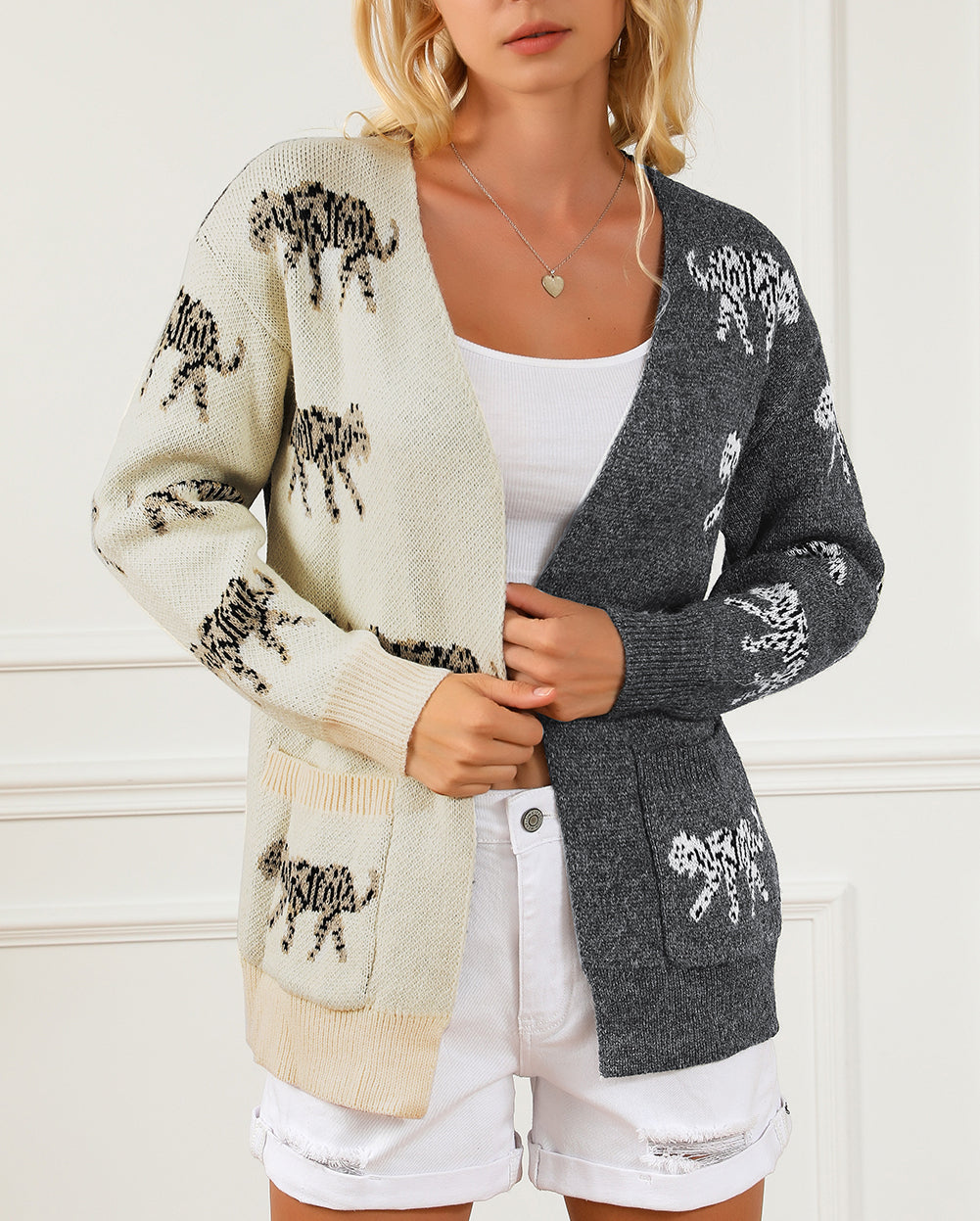 Animal Print Colorblock Open Front Cardigan