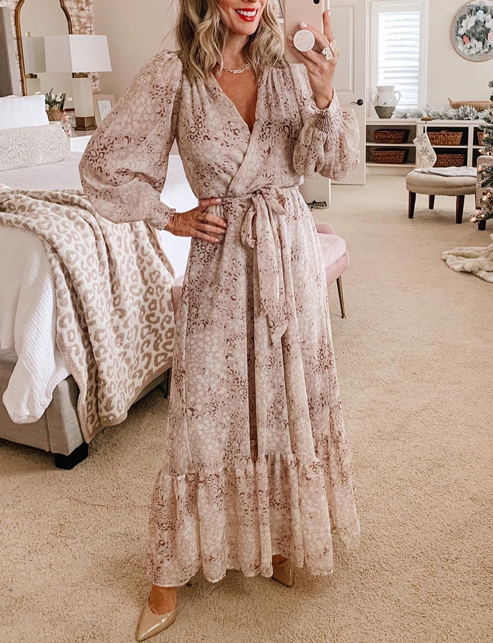 Surplice Neck Bubble Sleeve Maxi Dress with Sash