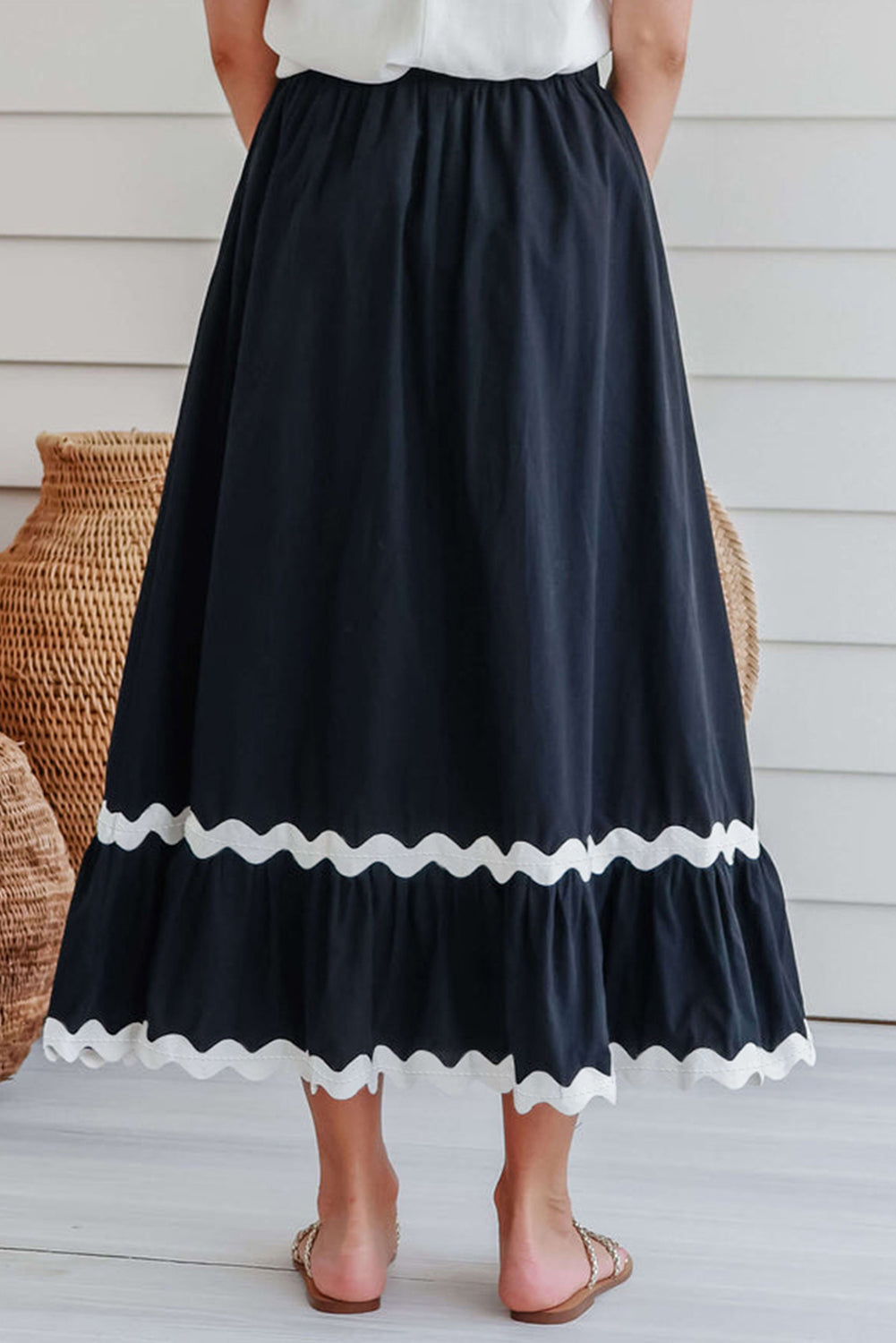 Ricrac Trim Colorblock High Waist Long Skirt