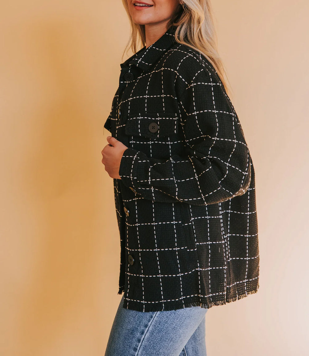 Contrast Lattice Textured Buttons Flap Pocket Shacket