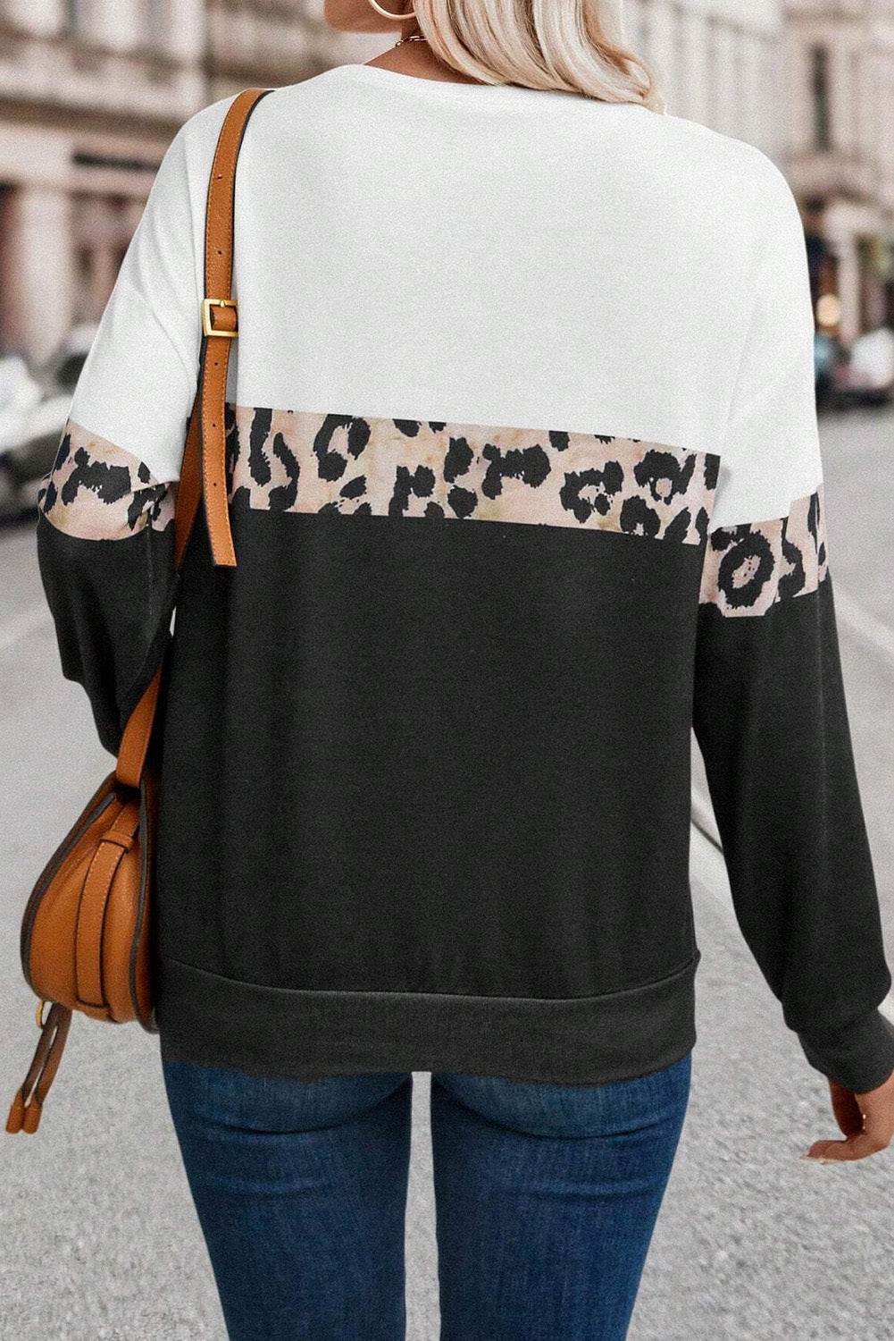 Leopard Colorblock Round Neck Long Sleeve Top