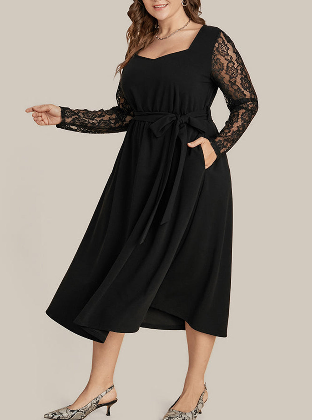 Plus Size Sheer Lace Sleeve Belted Ruffle Midi Dress