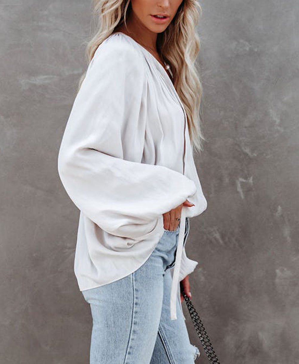Tie V Neck Pleated Puff Sleeve Satin Blouse