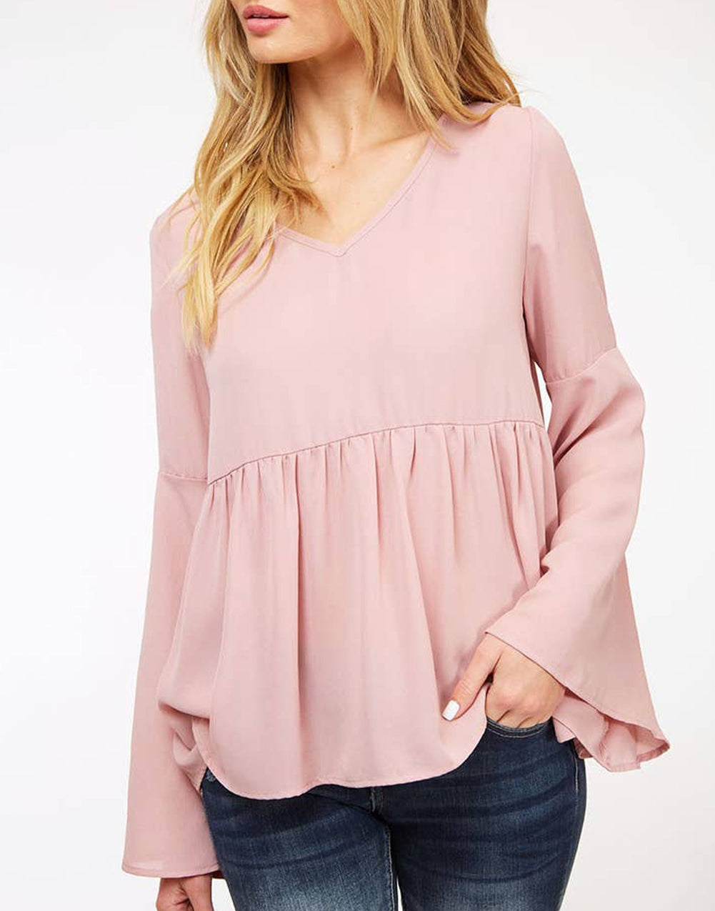 V-Neck Bell Sleeve Back-Tie Ruffled Blouse
