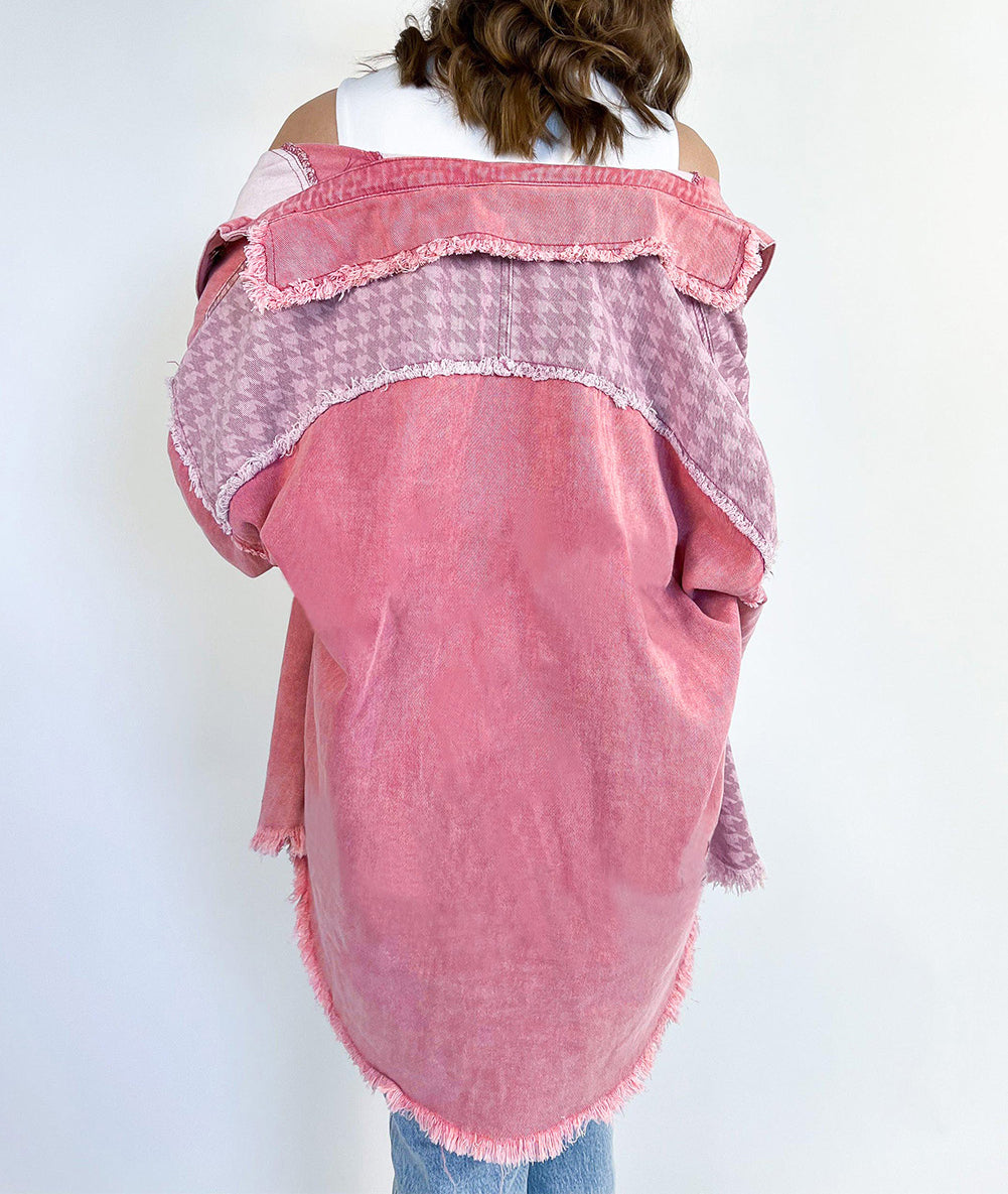 Retro Distressed Houndstooth Patchwork Denim Jacket