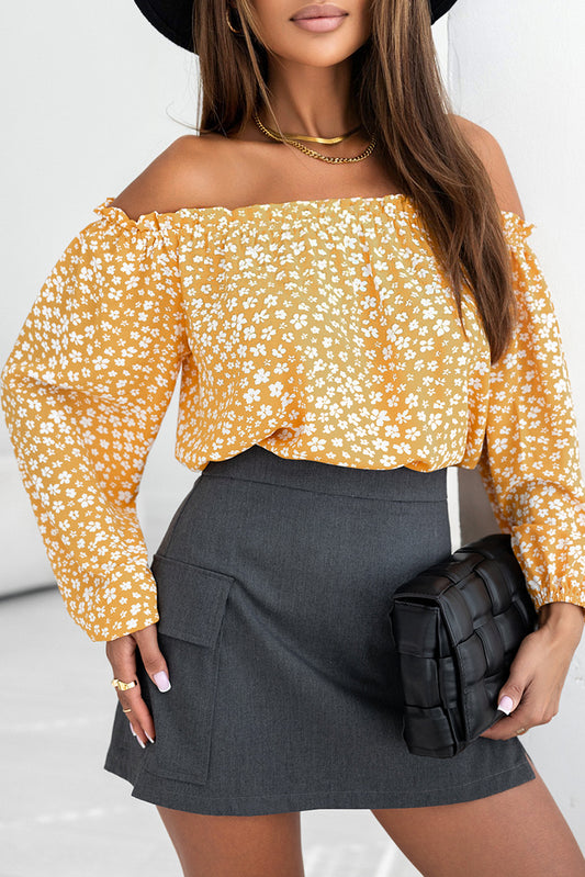 Floral Print Frill Trim Off-shoulder Lantern Sleeve Blouse