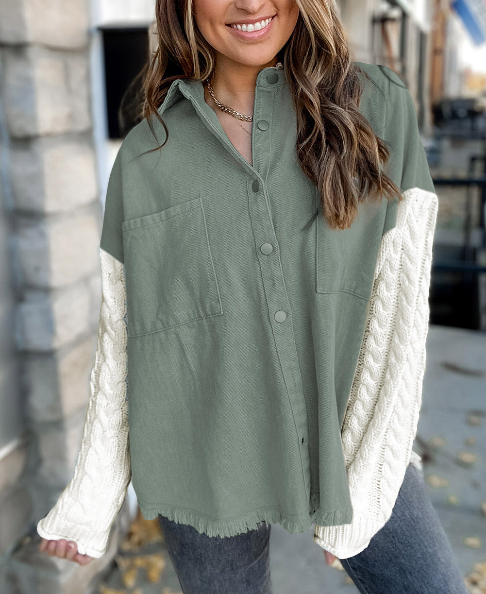 Cable Knit Sleeve Raw Hem Shacket