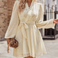 V Striped Sheer Puff Sleeve Surplice Knot Mini Dress
