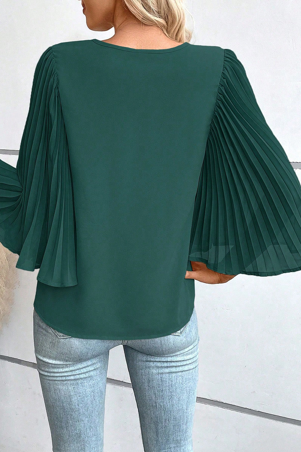 3/4 Pleated Bell Sleeve V Neck Blouse