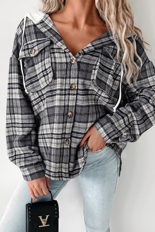 Plaid Print Flap Pockets Contrast Hooded Loose Shacket