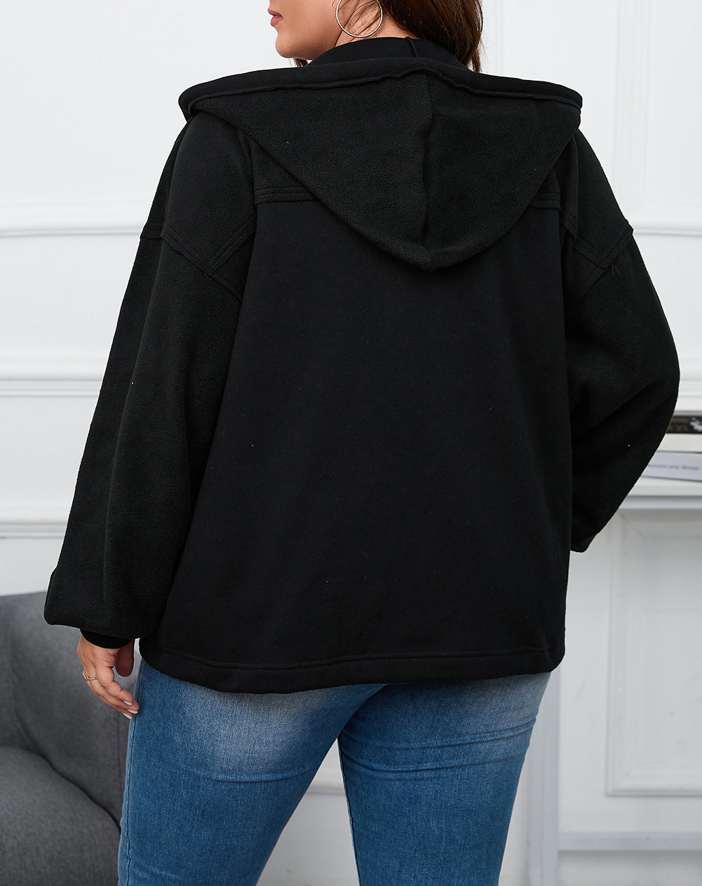 Plus Size Bishop Sleeve Zip Up Hooded Jacket