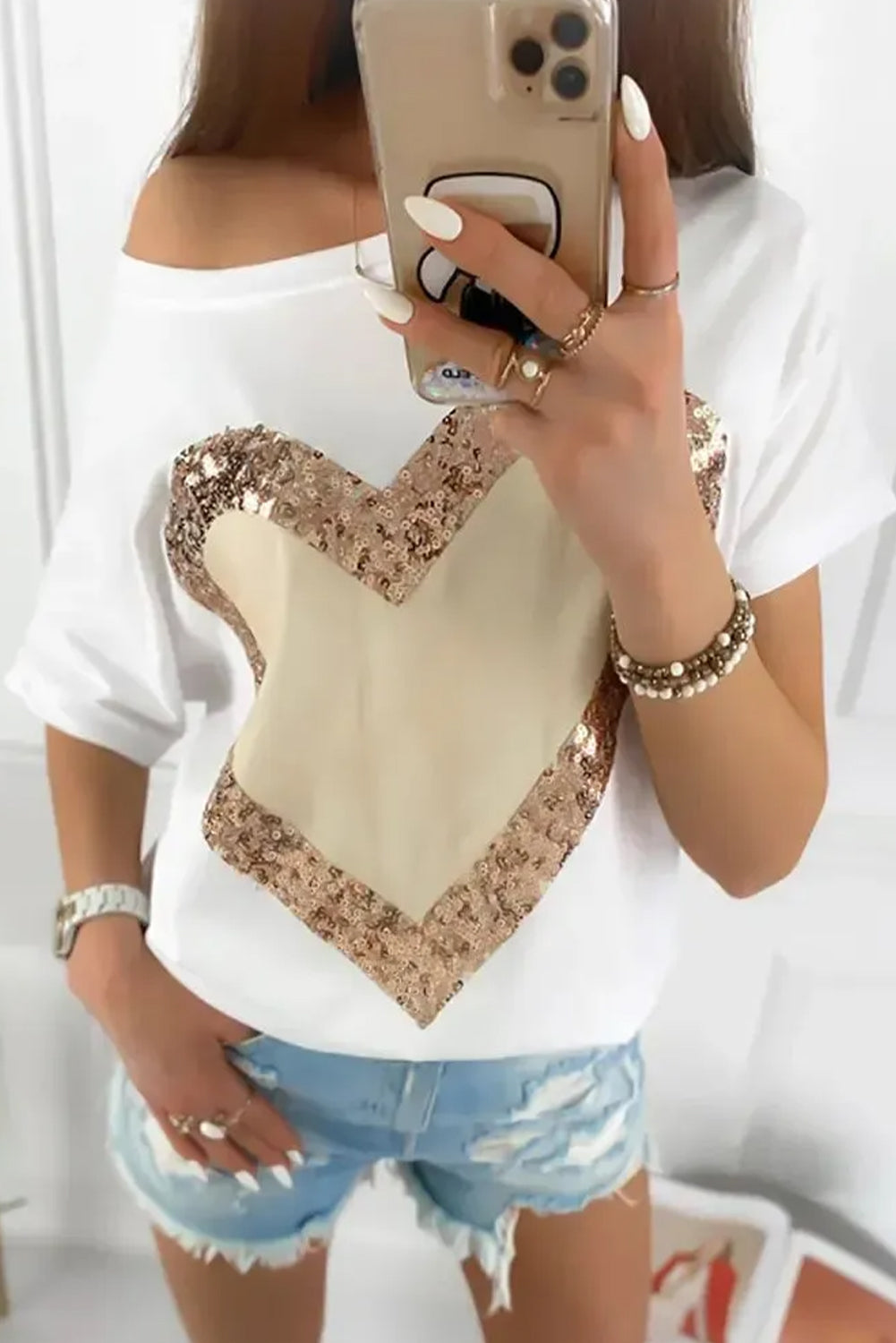 Valentine's Day Sequined Heart Crew Neck Short Sleeve Top