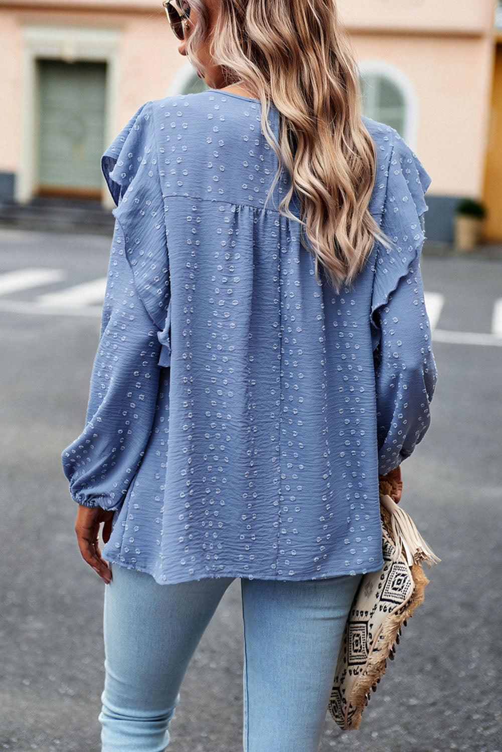 Lace Eyelet Ruffle Shoulder Long Sleeve Blouse