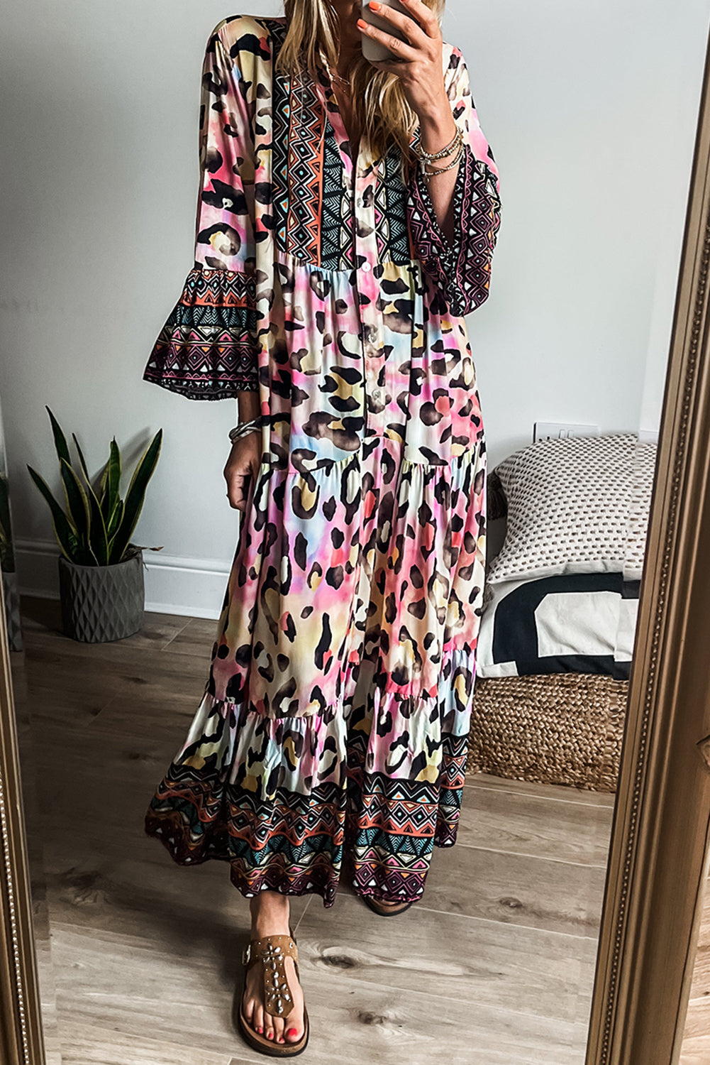 Western Leopard Printed 3/4 Sleeve Buttoned Front Tiered Maxi Dress