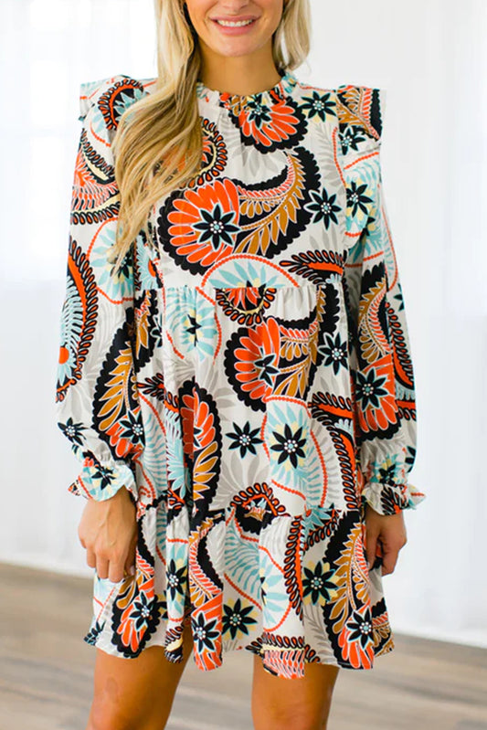 Printed Boho Paisley Floral Print Puff Sleeve Mini Dress