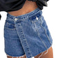 Blue Button Wrap Over Raw Hem Denim Shorts