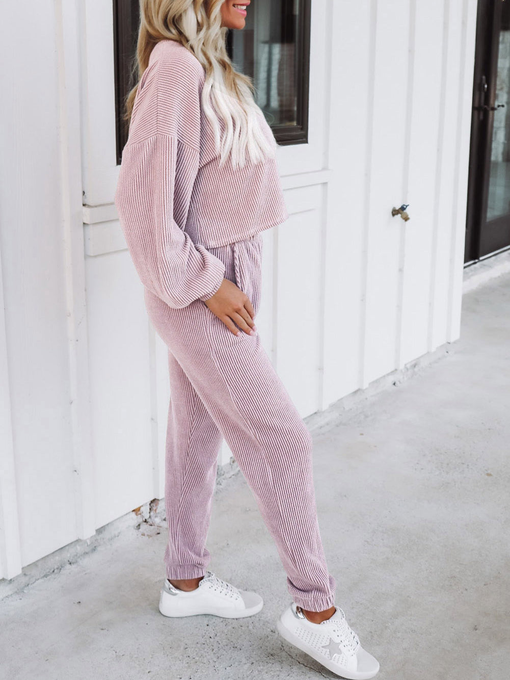Powder Ribbed Two Piece Pullover and Joggers Lounge Set