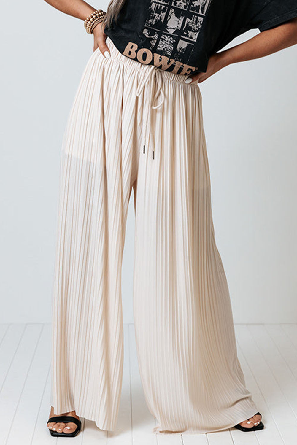 Apricot Drawstring Wide Leg Pleated Pants