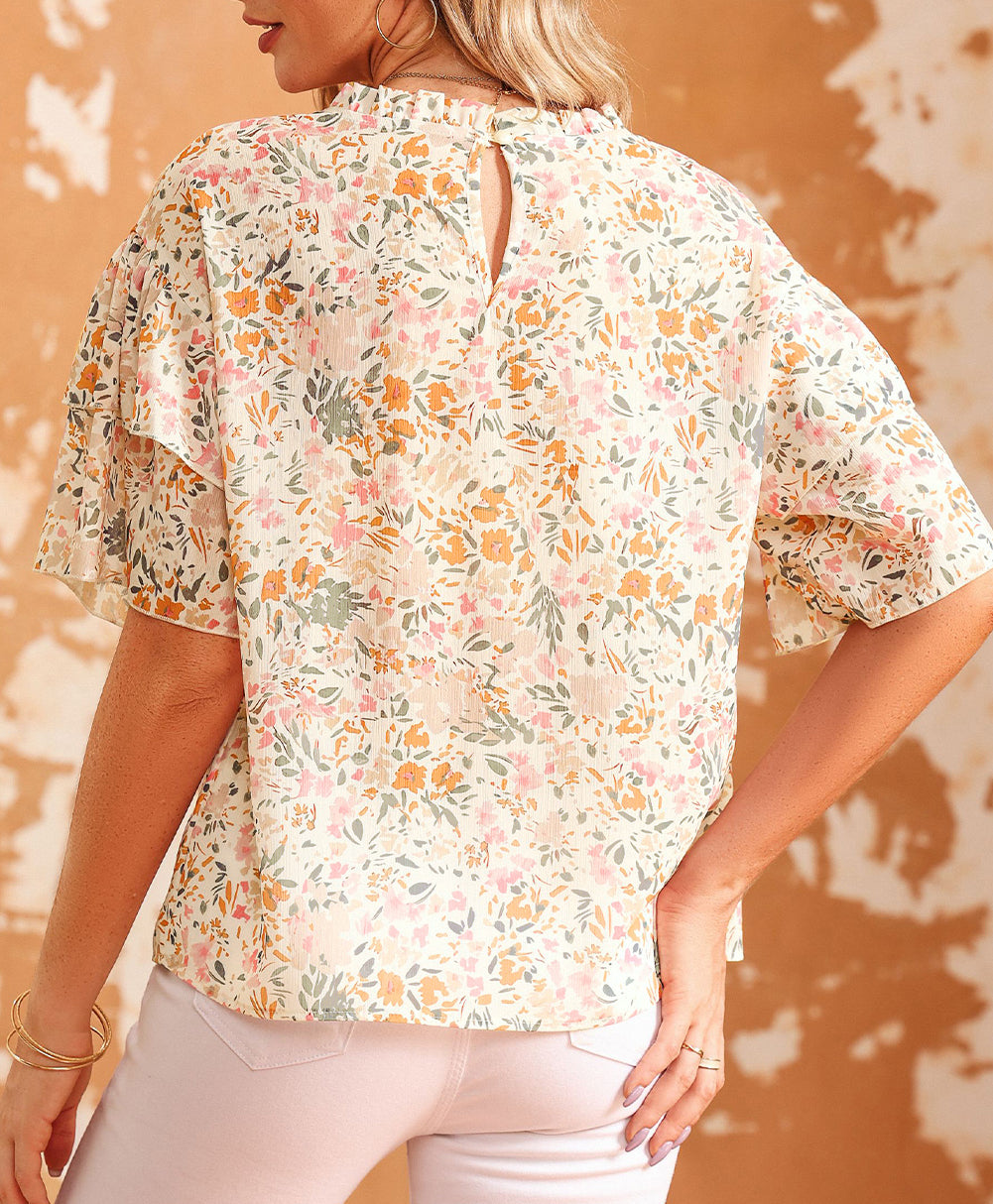 Floral Print Wide Ruffle Sleeves Blouse