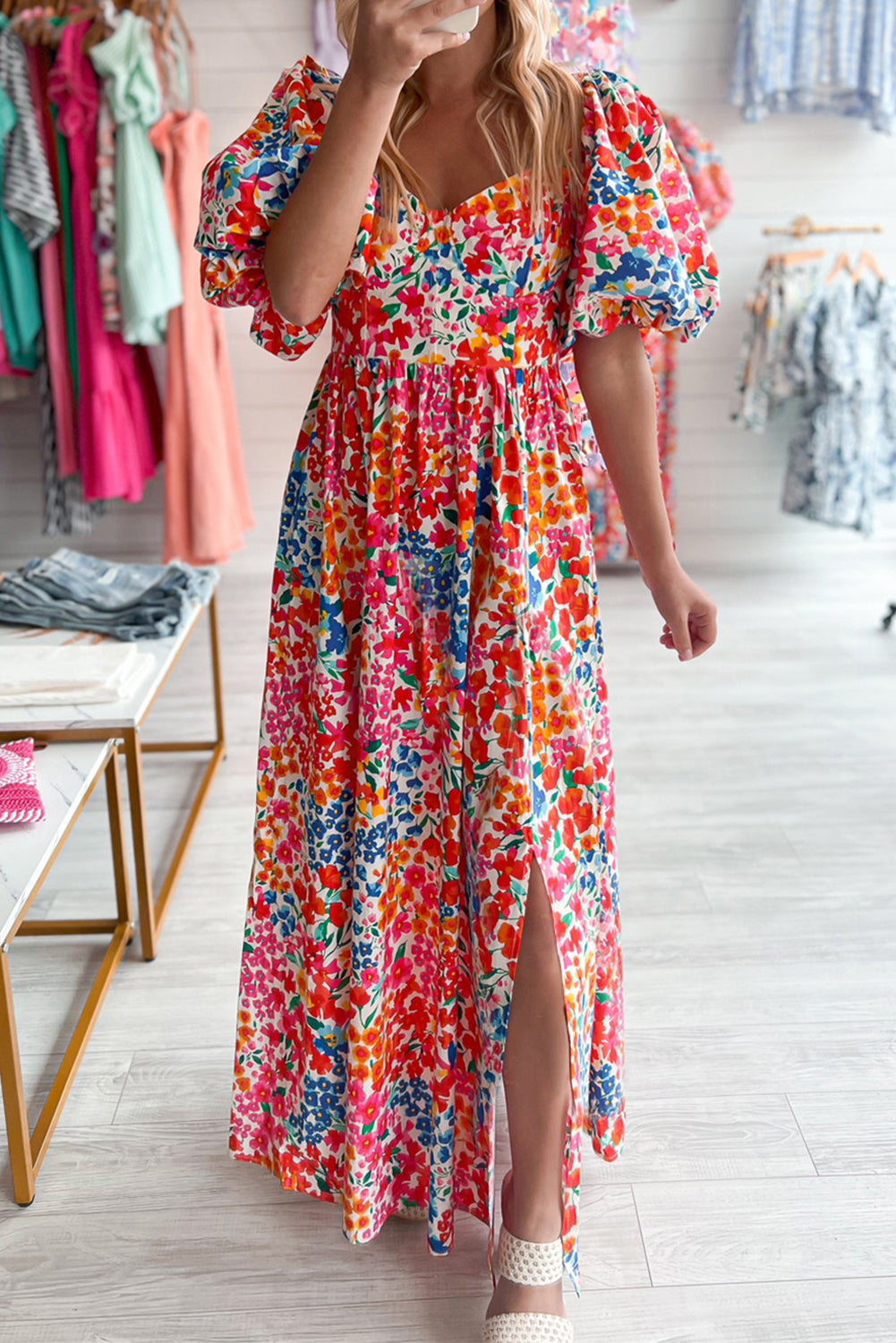 Puff Sleeve Thigh High Split Floral Maxi Dress