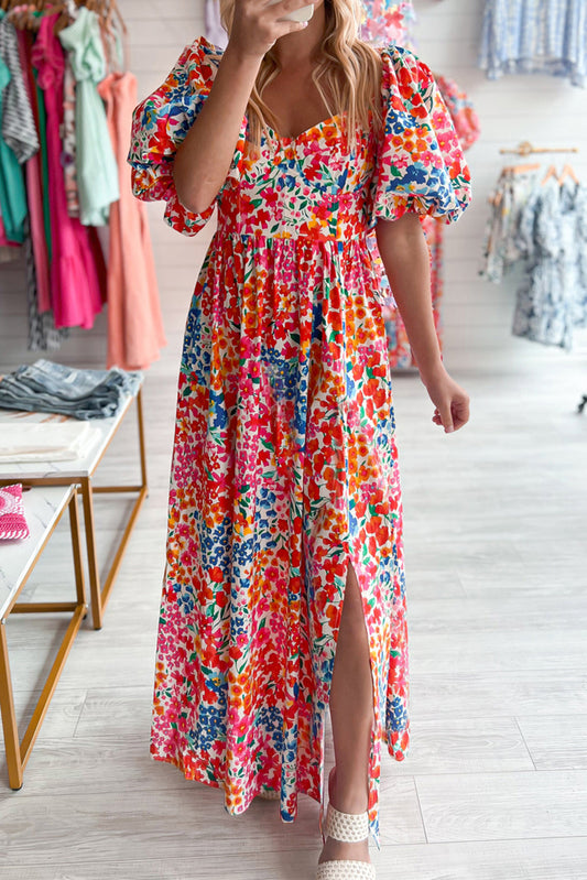 Puff Sleeve Thigh High Split Floral Maxi Dress