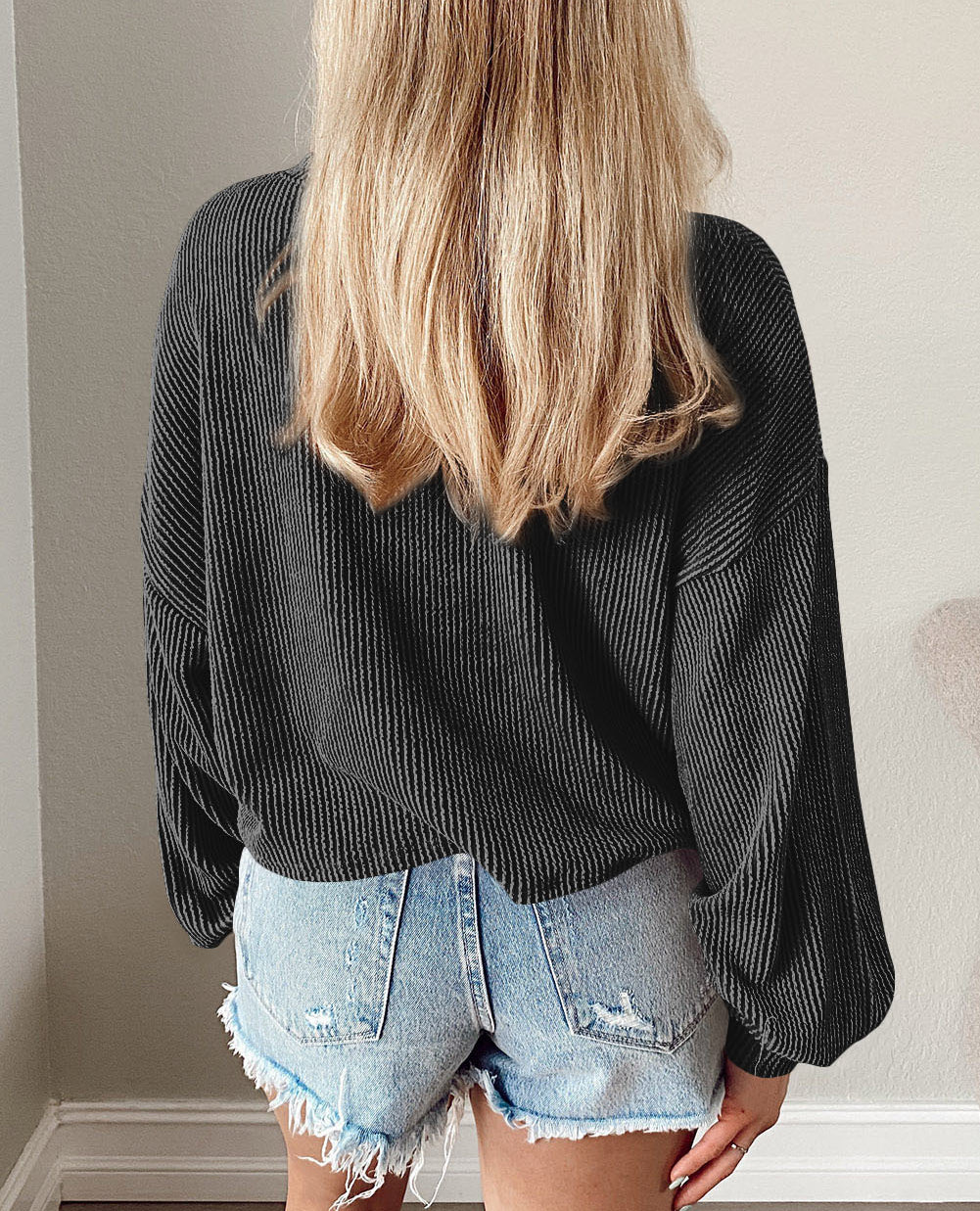 Cording Drop Shoulder Puff Sleeve Casual Long Sleeve Top