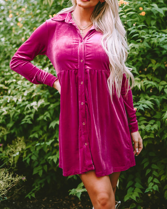 Long Sleeve Ruffle Velvet Button Up Dress