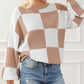 Checkered Ribbed Knit Puff Sleeve Sweater
