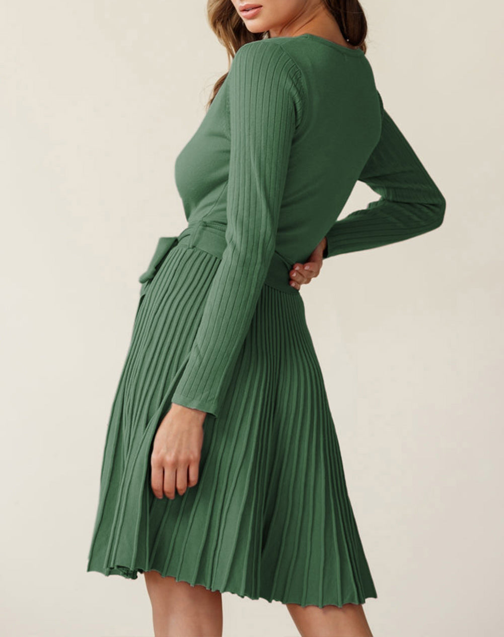 Belted V Neck Ribbed Pleated Sweater Dress