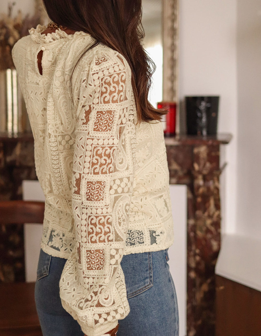 Frilled Collar Paisley Mixed Lace Blouse