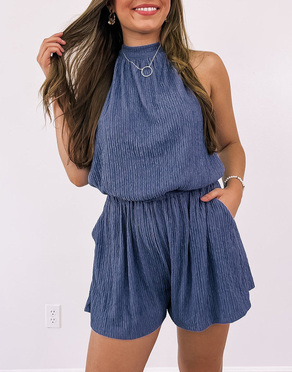 High Neck Crinkle Textured Romper