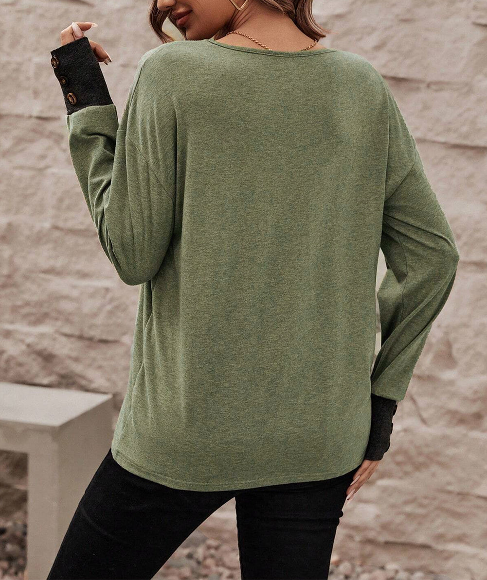 V Neck Button Cuffed Long Sleeve Top