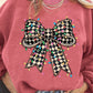 Checkered Bow Print Ribbed Crew Neck Pullover Sweatshirt