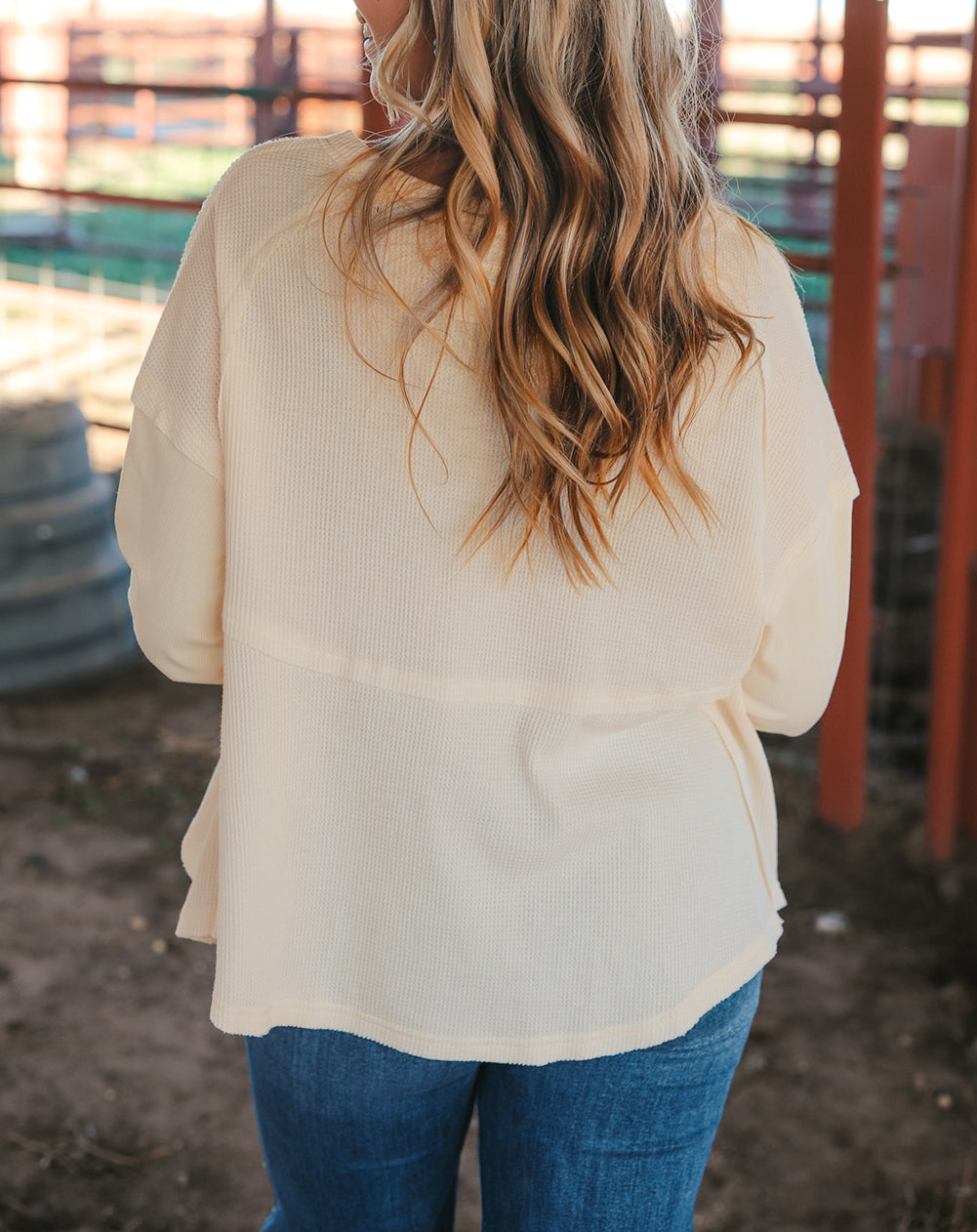 Waffle Knit Button Detail Exposed Seam Flowy Top