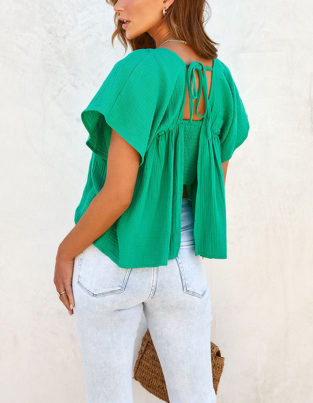 Wide Short Sleeve Smocked Back Babydoll Blouse