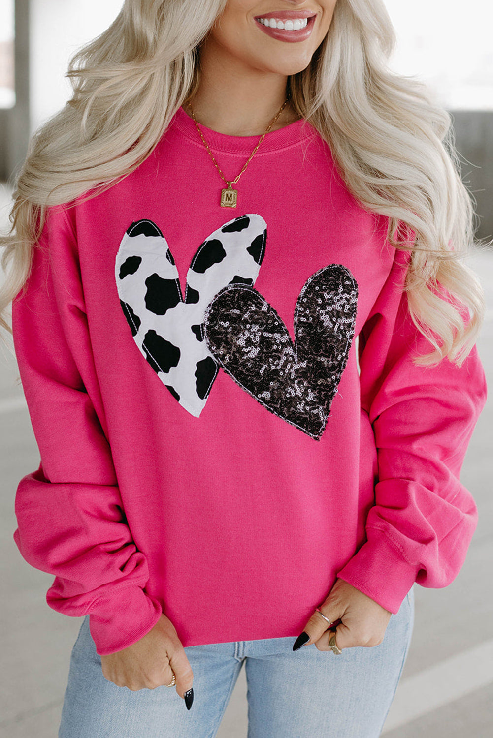 Cow & Sequin Double Heart Patch Graphic Sweatshirt