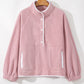 Fushia Stand Neck Half Button Zip Pocket Plush Sweatshirt